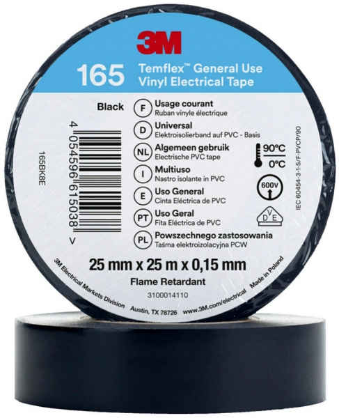 Ruban isolant 3M Temflex 165 25mm×25m×0.15mm noir VDE 600V 0…90°C 