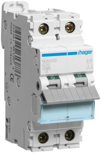 Leitungsschutzschalter Hager MCB 2P 415V Typ C 32A Icn 10kA Icu 15kA 2TE 