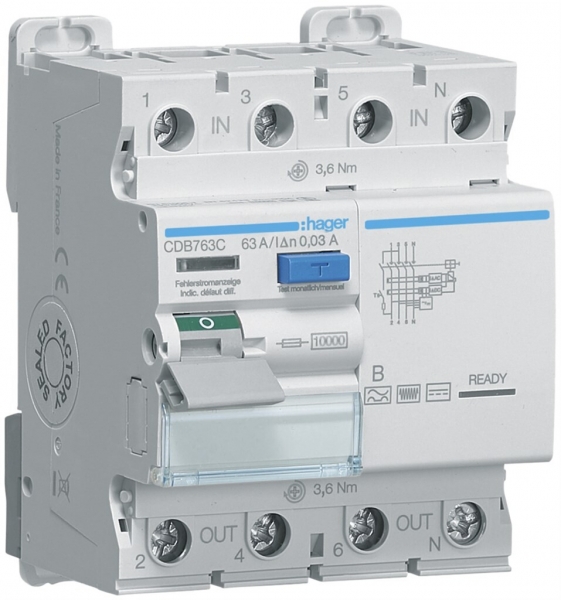 Interrupteur différentiel Hager RCCB (RCD) 4P 400V 0.03A type B 63A 10kA 4UM 