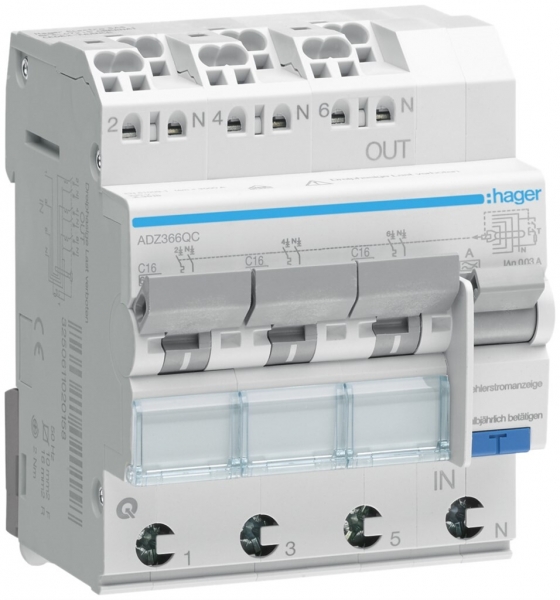 FI/LS-Schalter Hager RCBO QC 3P+N 230V Char.C 16A 0.03A Typ A 6kA 4TE 