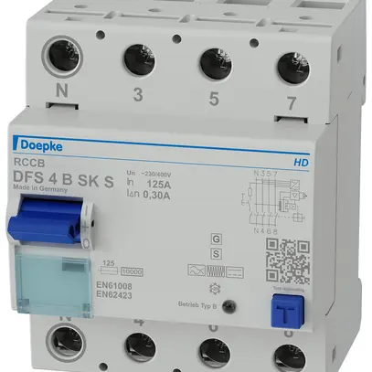 Fehlerstromschutzschalter Doepke 125A 300mA Audio RCCB, Typ B, selektiv, N links 