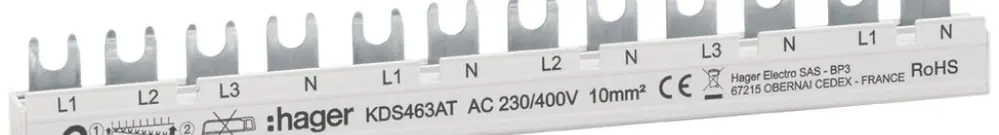 Pettine di raccordo Hager quickconnect 4P 3L forca 10mm² 63A 215×5mm bianco 