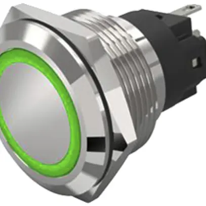 Contact à poussoir lumineux EAO 82 1COM 24V racc.fich.plat Ø22mm encliqueté vert 