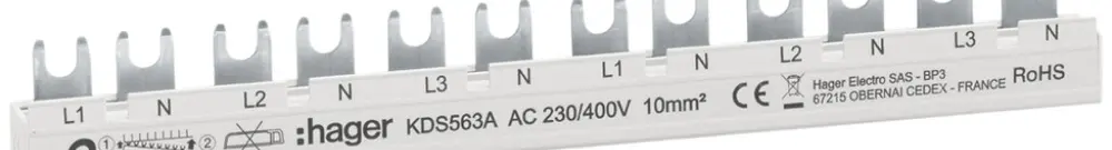 Pettine di raccordo Hager quickconnect 4P 3L forca 10mm² 63A 215×6mm bianco 