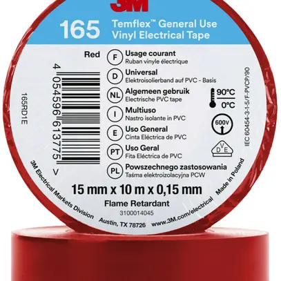 Ruban isolant 3M Temflex 165 15mm×10m×0.15mm rouge VDE 600V 0…90°C 