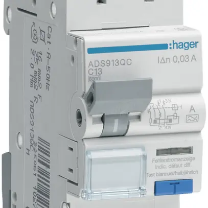 Disgiuntore differenziale Hager RCBO QC 2P 230V car.C 13A 0.03A tipo A 6kA 2UM 