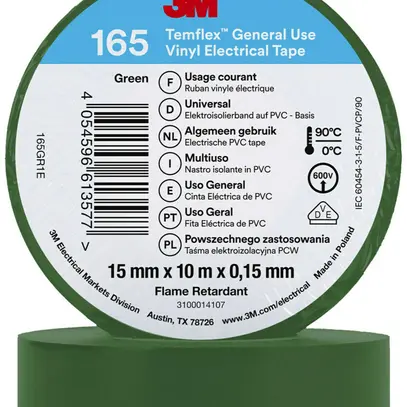 Nastro isolante 3M Temflex 165 15mm×10m×0.15mm verde VDE 600V 0…90°C 