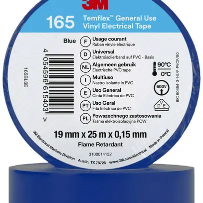 Ruban isolant 3M Temflex 165 19mm×25m×0.15mm bleu VDE 600V 0…90°C 