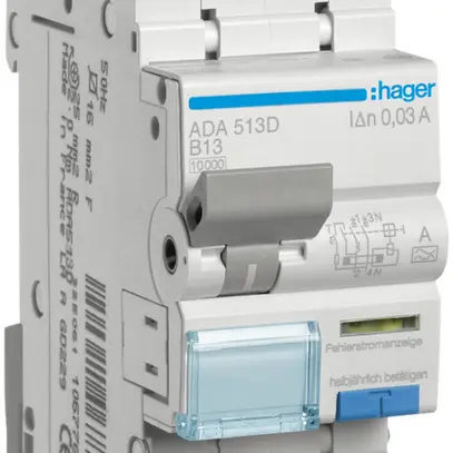 Disgiuntore differenziale Hager RCBO 2P 240V car.B 13A 0.03A tipo A 10kA 2UM 