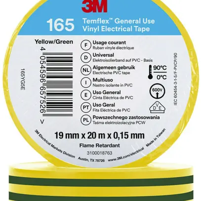 Nastro isolante 3M Temflex 165 19mm×20m×0.15mm verde/giallo VDE 600V 0…90°C 