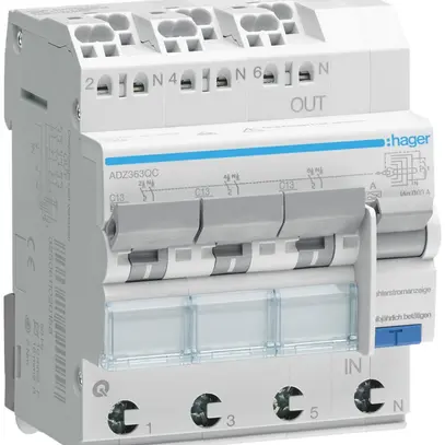 Disgiuntore differenziale Hager RCBO QC 3P+N 230V car.C 13A 0.03A tipo A 6kA 4UM 