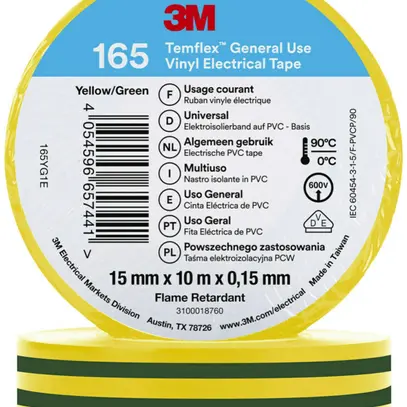 Nastro isolante 3M Temflex 165 15mm×10m×0.15mm verde/giallo VDE 600V 0…90°C 