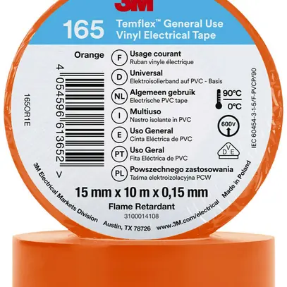 Ruban isolant 3M Temflex 165 15mm×10m×0.15mm orange VDE 600V 0…90°C 