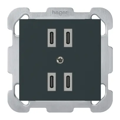 Prise de charge USB ENC Hager kallysto 2×C-C 2×20W ou 4×10W 5V 77×77mm noir 