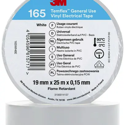 Isolierband 3M Temflex 165 19mm×25m×0.15mm weiss VDE 600V 0…90°C 