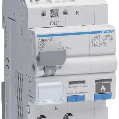 Interrupteur de protection incendie Hager AFDD+FI/LS, 1P+N 6kA C20A 30mA type A 