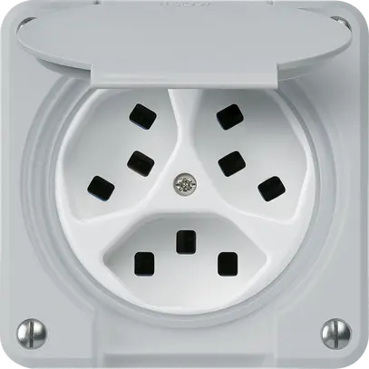 Steckdose Hager robusto, 3×T23, mit Klappdeckel A, grau 