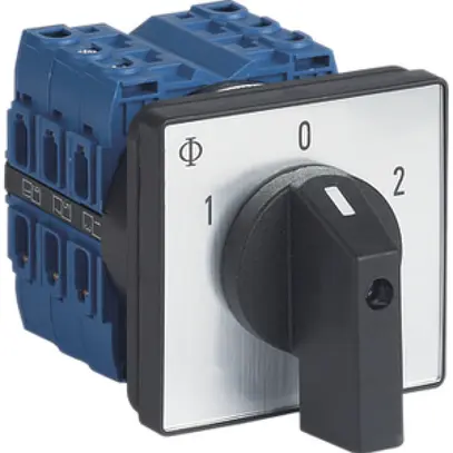 EB-Drehschalter K&N, 50A/660V 2/3L, Griff sz, 64×64mm, Ø9mm, "1-0-2" 