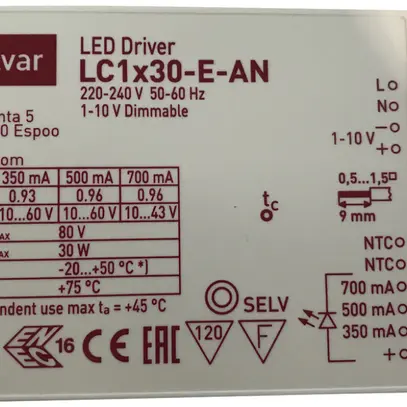 Blocco alimentazione DOTLUX, p.convertitore LED, c.cavo, 124×82×23mm, 0…10V IP40 