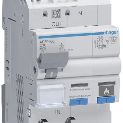 Interruttore protezione tagliafuco Hager AFDD+FI/LS, 1P+N 6kA C16A 30mA tipo A 