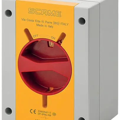 Interruttore rotativo AP Scame 20A 690V 0/2L manopola ro/gi 110×150×87mm IP66 