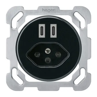 UP-USB-Ladesteckdose Hager basico C-C 20W+T13 5V 77×77mm schwarz 