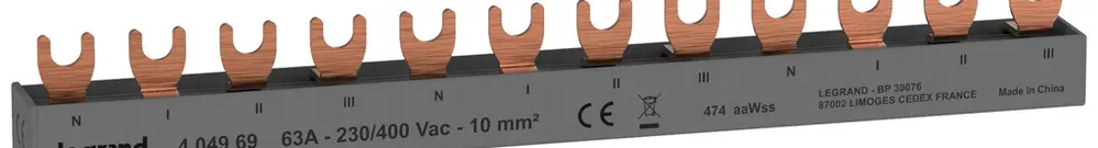 Pettine di raccordo HX³standard 4P 3Ph forca 10mm² 63A 210mm grigio 