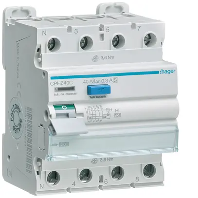 Interruttore differenziale Hager RCCB (RCD) 4P 400V 0.3A tipo A 40A 10kA 4UM 