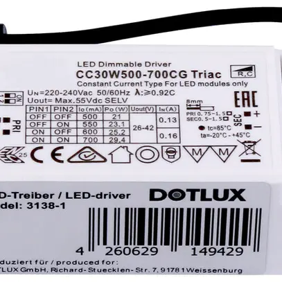 Convertitore LED DOTLUX IP20 13…30W 26…42V 500…700mA DIM 