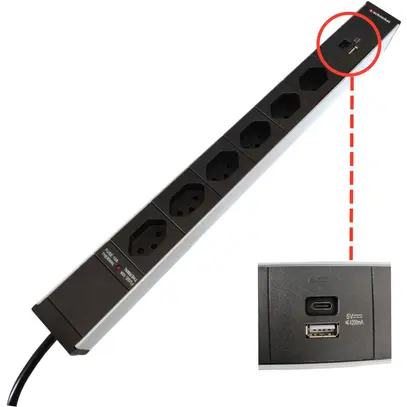 Presa multipla 19" 1UA 6×T13/1×USB-A/1×USB-C, Td3×1mm² 3m T12, F=10A, nero 