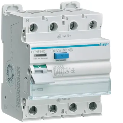 Interruttore differenziale Hager RCCB (RCD) 4P 400V 0.3A tipo AHIS 100A 10kA 4UM 