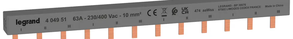 Pettine di raccordo HX³standard 3P 3Ph perno 10mm² 63A 213mm grigio 