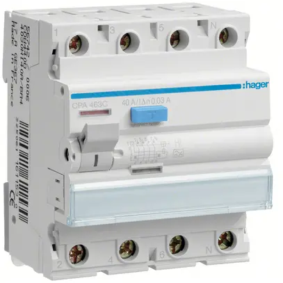 Fehlerstrom-Schutzschalter Hager RCCB (RCD) 4P 400V 0.03A Typ A HI 40A 4TE 
