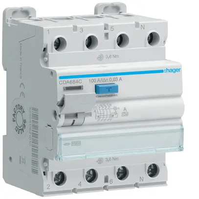 Interruttore differenziale Hager RCCB (RCD) 4P 400V 0.03A tipo A 100A 10kA 4UM 