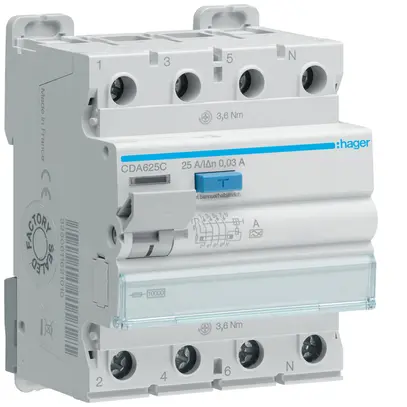 Interruttore differenziale Hager RCCB (RCD) 4P 400V 0.03A tipo A 25A 10kA 4UM 