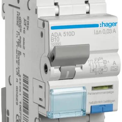 Disgiuntore differenziale Hager RCBO 2P 240V car.B 10A 0.03A tipo A 10kA 2UM 