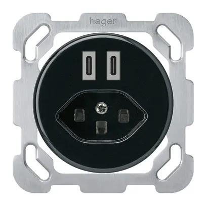 UP-USB-Ladesteckdose Hager basico C-C 20W+T23 5V 77×77mm schwarz 