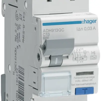 FI/LS-Schalter Hager RCBO QC 2P 230V Char.C 13A 0.03A 6kA 2TE 