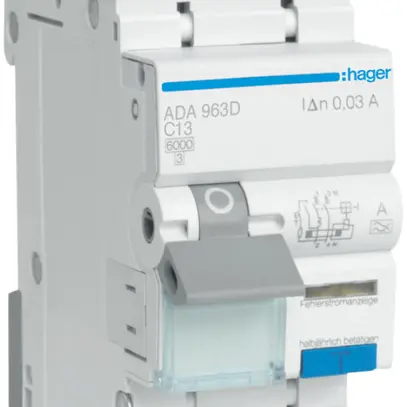 Disgiuntore differenziale Hager RCBO 2P 240V car.C 13A 0.03A tipo A 6kA 2UM 