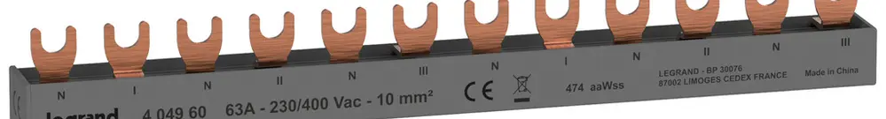Pettine di raccordo HX³standard 4P 3Ph forca 10mm² 63A 210mm grigio 