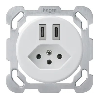 Presa di carica USB INC Hager basico C-C 20W+T13 5V 77×77mm bianco 