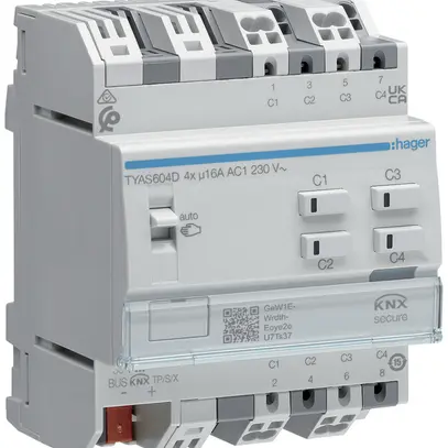 Attuatore-commutatore KNX AMD Hager 4 uscite 16A 2300W 195…253V IP20 4UM 