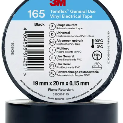 Ruban isolant 3M Temflex 165 19mm×20m×0.15mm noir VDE 600V 0…90°C 