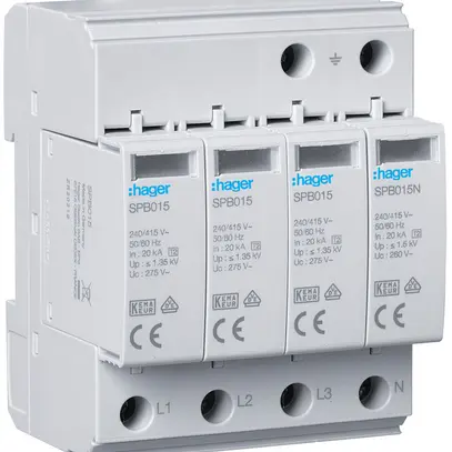 Überspannungsableiter T2 Hager SPD 4P 20kA TN-S TT Imax 40kA Up 1.5kV 4TE 