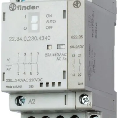 Contacteur AMD Finder 22.32, 12VUC, 2F+2O 25A/440VAC AgSnO2, LED+interrupteur 