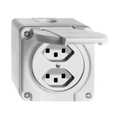 Prise AP mouillé 2×T23 blanc 16A FH, avec bornes enf. 