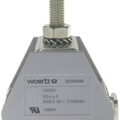 Borne de passage joignable Woertz 95mm² 200A 750V boulon 1×1 rail DIN 35mm bleu 