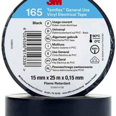 Isolierband 3M Temflex 165 15mm×25m×0.15mm schwarz VDE 600V 0…90°C 