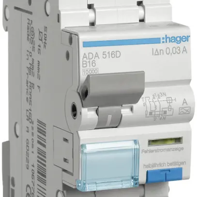 Disgiuntore differenziale Hager RCBO 2P 240V car.B 16A 0.03A tipo A 10kA 2UM 