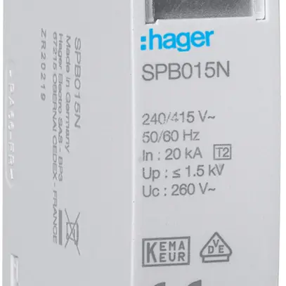 Module enfichable Hager SPB T2 N-PE 20kA Uc 260V Imax 40kA Up 1.5kV 1UM 